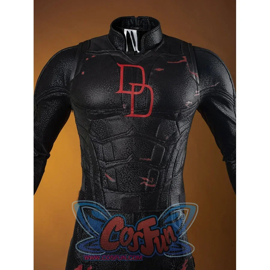 Matt Murdock cosplay costume chest detail frames the red emblem in sculpted black armor and red seam accents.