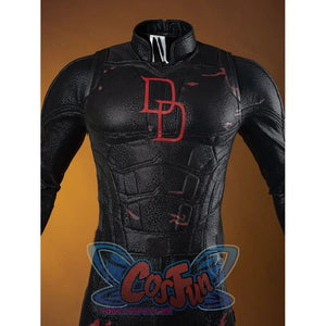 Matt Murdock cosplay costume chest detail frames the red emblem in sculpted black armor and red seam accents.