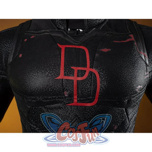 Matt Murdock cosplay costume chest close-up centers the red double-letter emblem over textured black armor.
