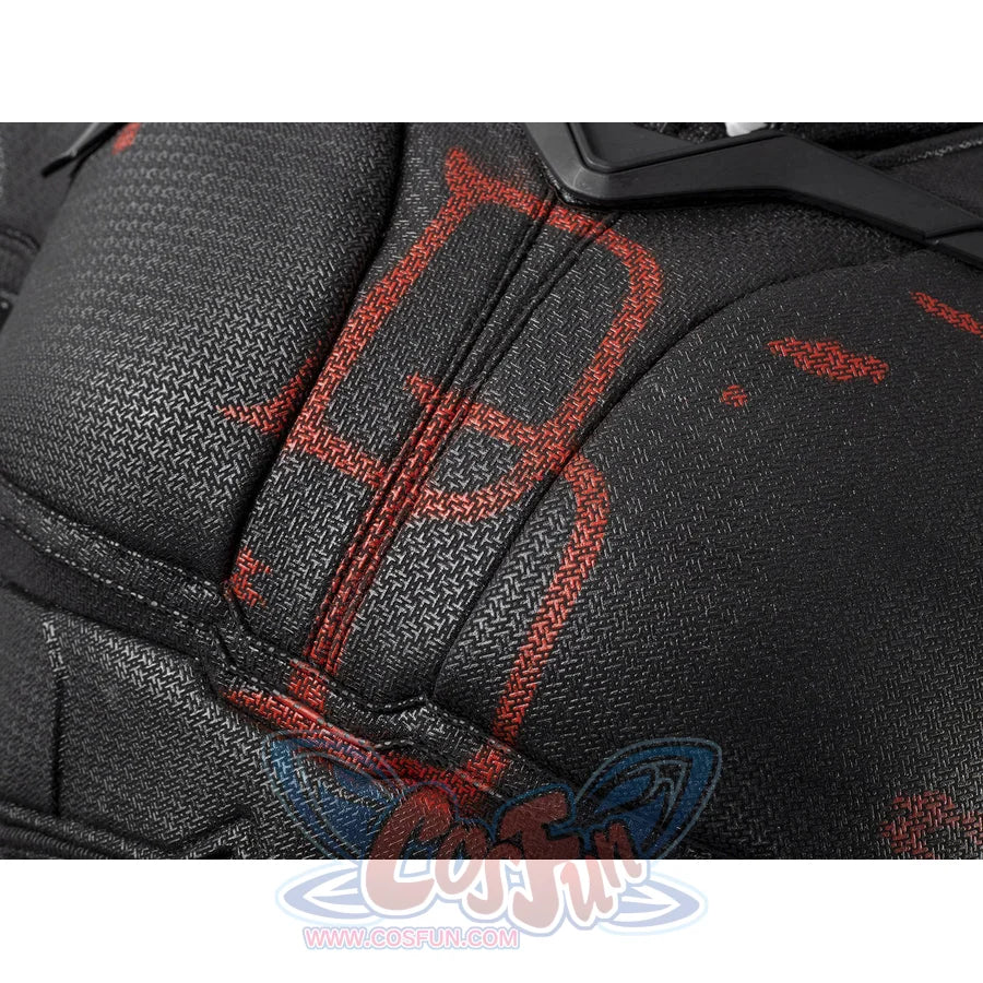 Matt Murdock black cosplay costume fabric centers on reinforced black stretch knit layers with intricate red embroidery.