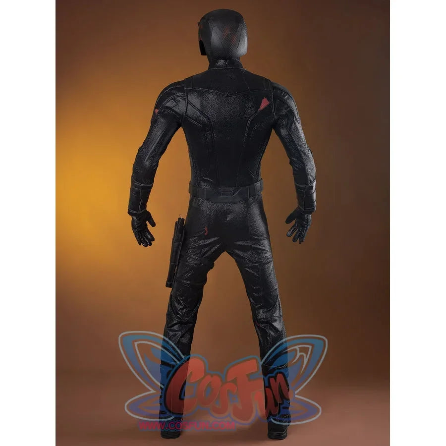 Matt Murdock cosplay costume back view traces fitted black panels from the shoulders to strapped leg guards.