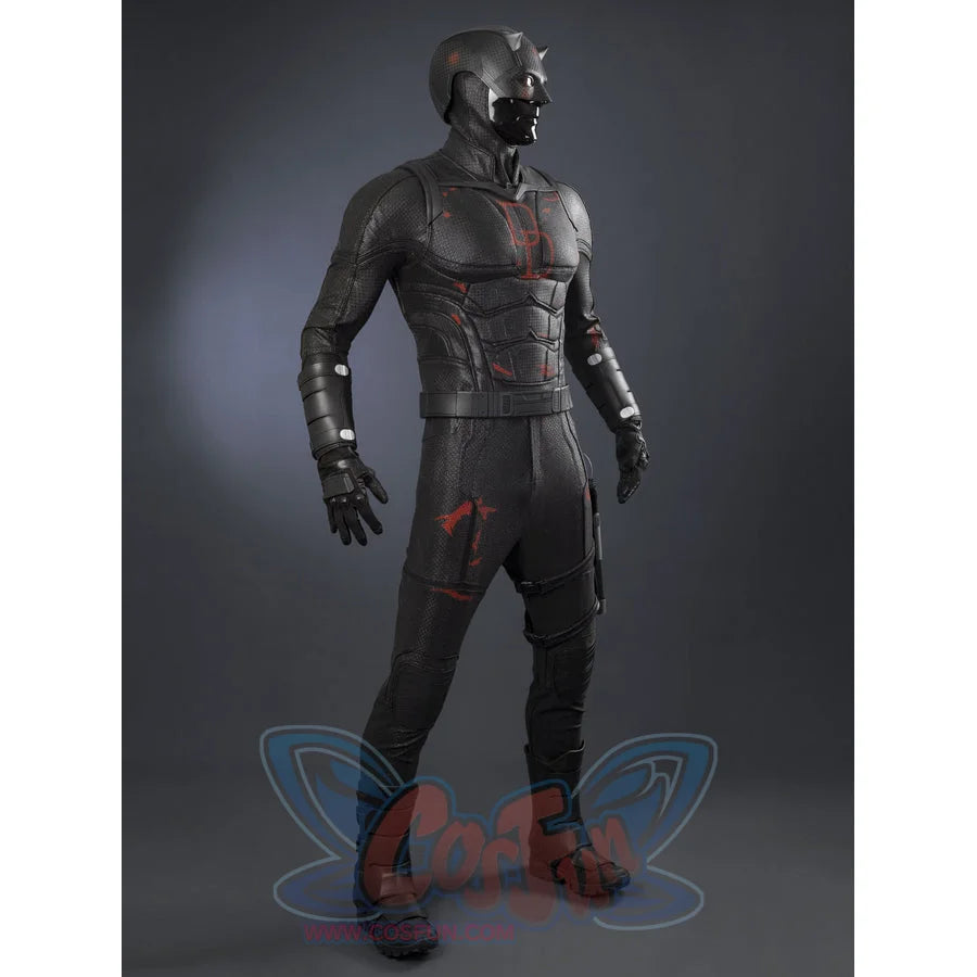 Matt Murdock black cosplay set includes a structured bodysuit with armored arm guards and a sleek protective helmet.