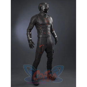 Matt Murdock black cosplay set includes a structured bodysuit with armored arm guards and a sleek protective helmet.