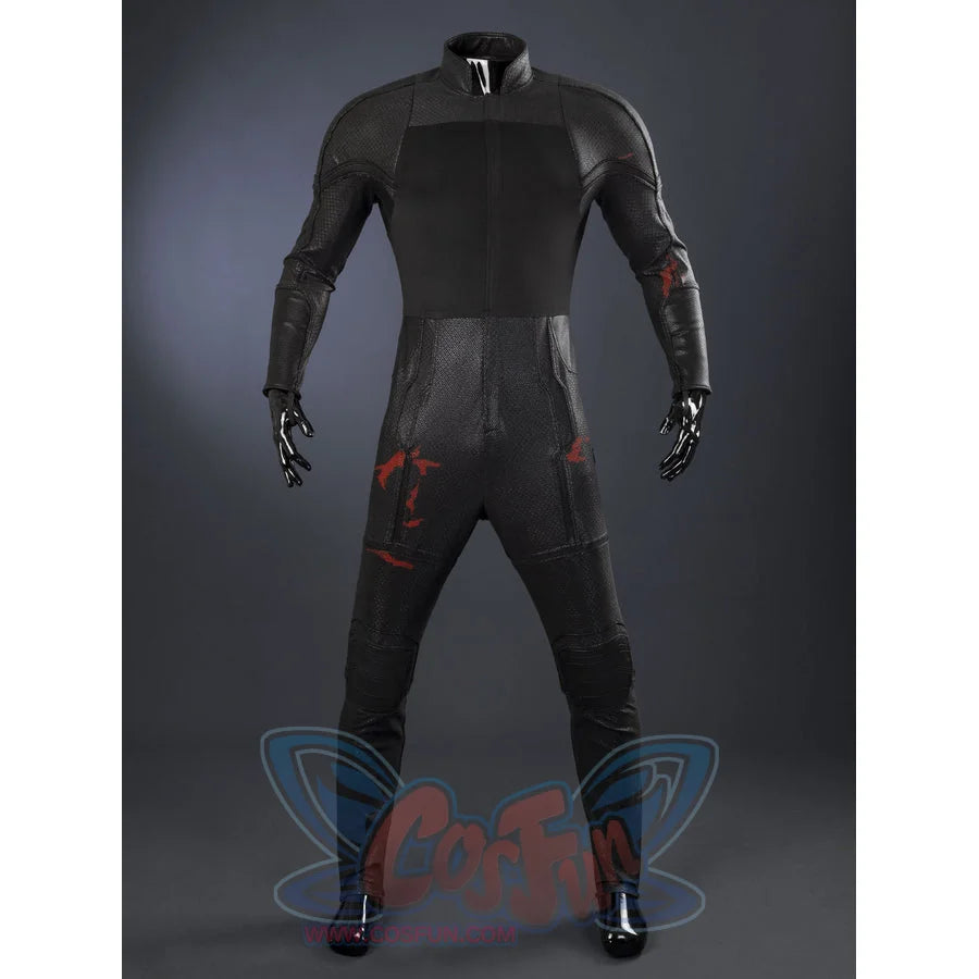 Matt Murdock black cosplay bodysuit layers textured faux leather panels with red accents across the arms and legs.