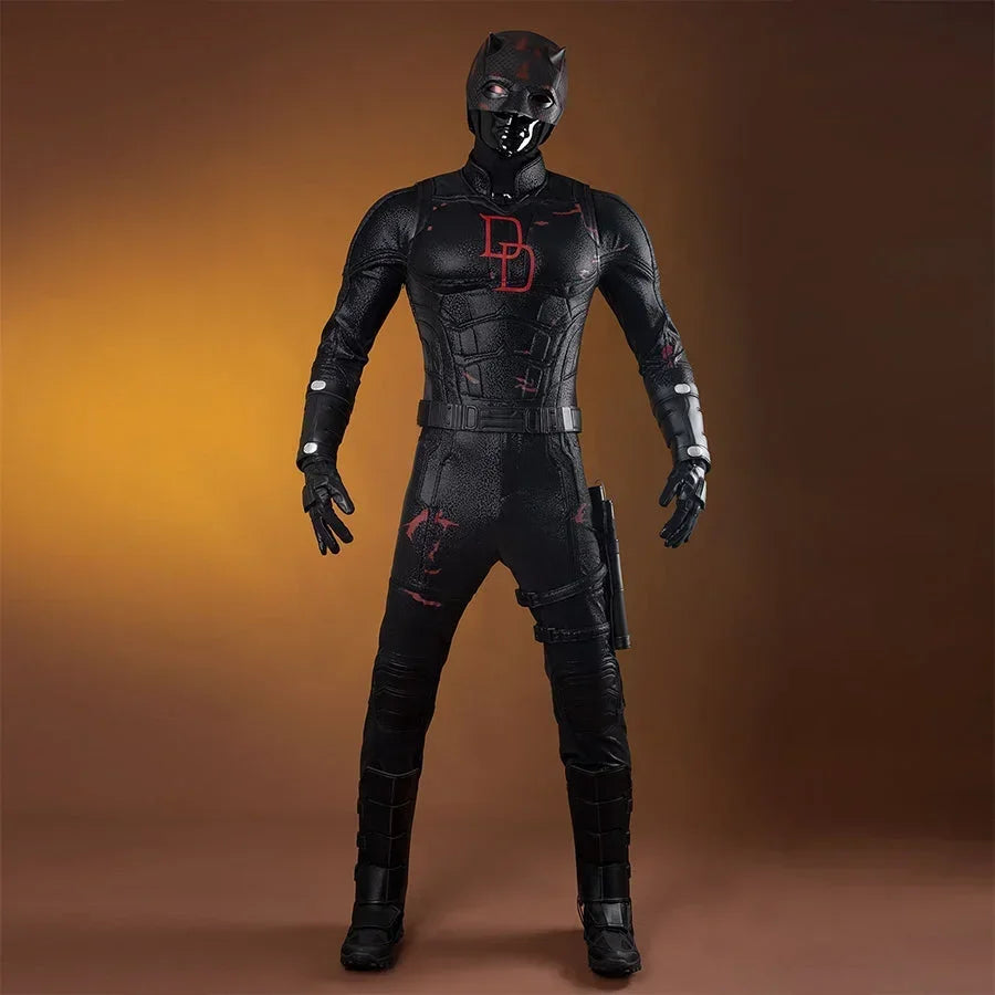COSFUN Matt Murdock cosplay costume front view sets a black armored jumpsuit beneath a red chest emblem.