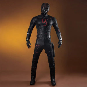 COSFUN Matt Murdock cosplay costume front view sets a black armored jumpsuit beneath a red chest emblem.