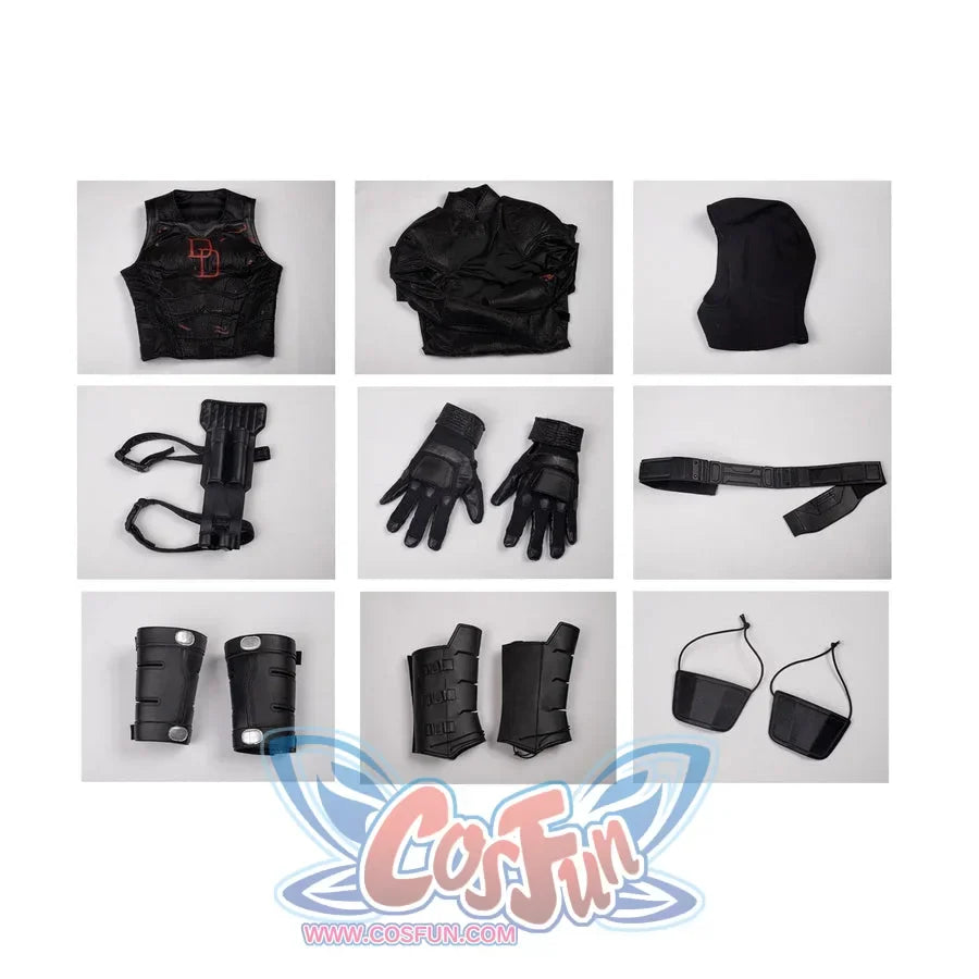 Matt Murdock cosplay costume flat lay presents the jumpsuit, hood, gloves, guards and strapped accessories.