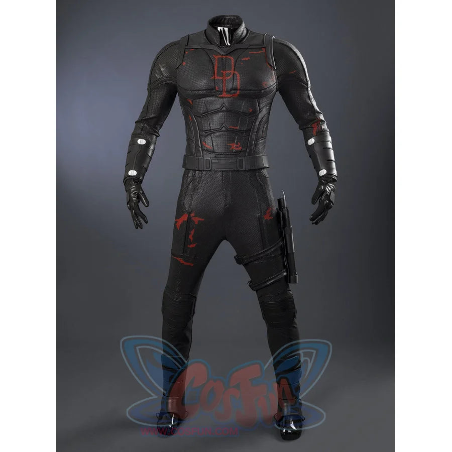 Matt Murdock black cosplay costume layers textured faux leather with red accents across the armored vest and leg guards.