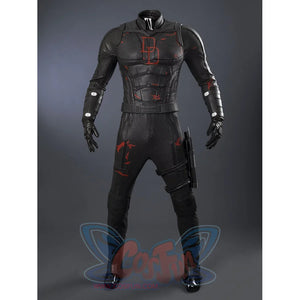 Matt Murdock black cosplay costume layers textured faux leather with red accents across the armored vest and leg guards.