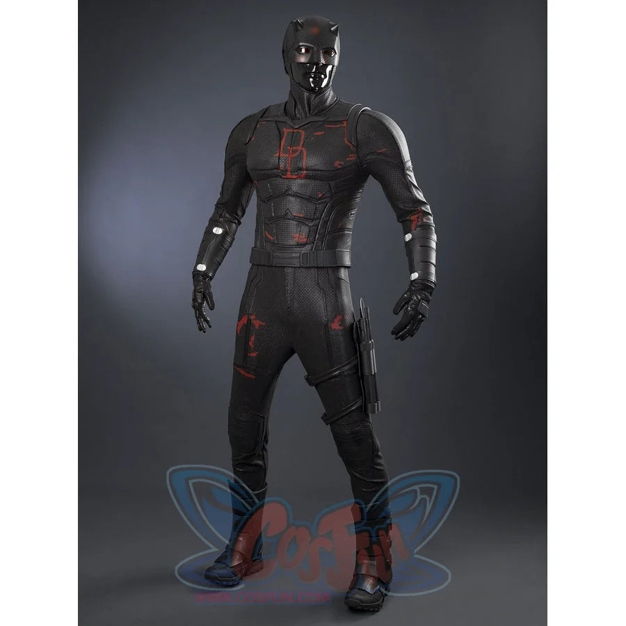 Matt Murdock black cosplay set includes a structured bodysuit with armored vest plating leg guards and a matching helmet.