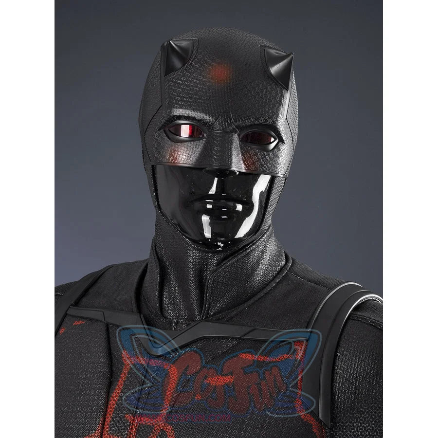 Matt Murdock black cosplay helmet frames the head with textured black material that gathers around the red eye lenses.
