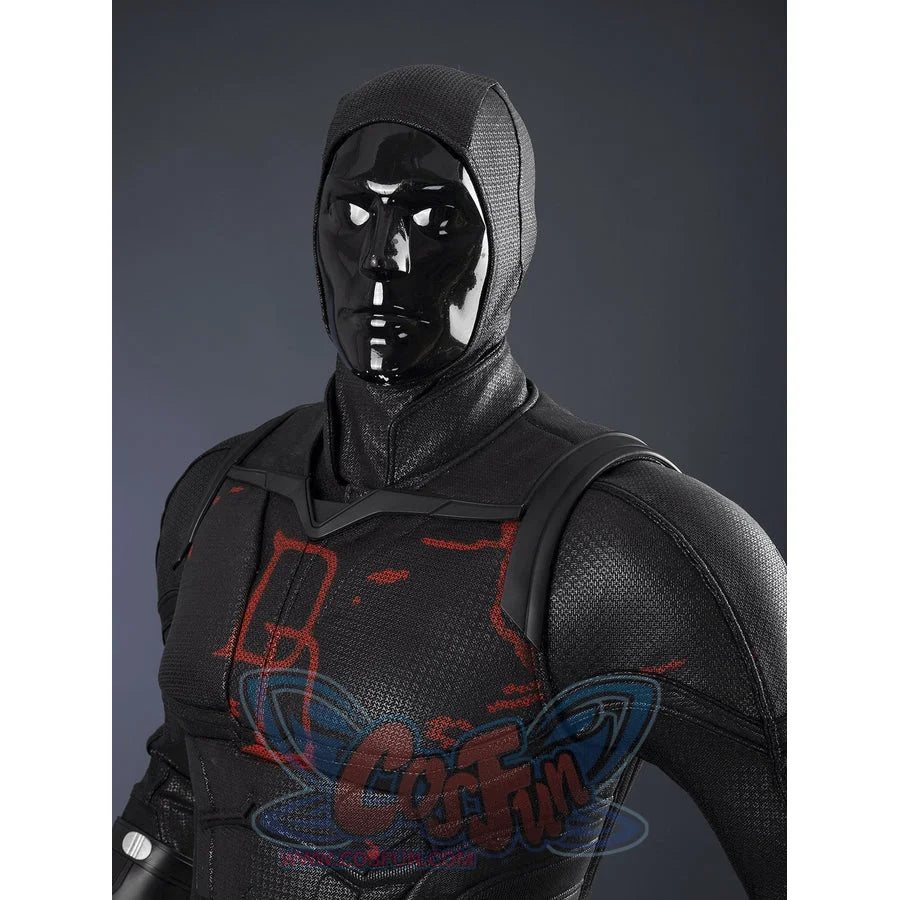 Matt Murdock black cosplay set includes a sleek glossy helmet and a textured bodysuit with vibrant red chest patterns.