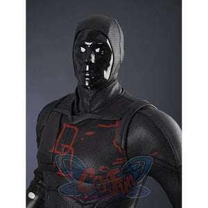 Matt Murdock black cosplay set includes a sleek glossy helmet and a textured bodysuit with vibrant red chest patterns.