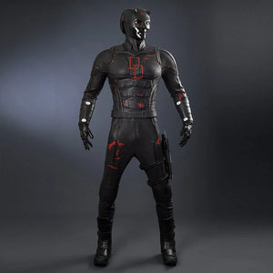 COSFUN Matt Murdock black cosplay costume layers textured fabrics with a helmet and tactical armor for a complete look.