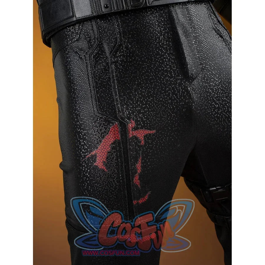 Matt Murdock cosplay costume hip detail sets a distressed red accent across angular black leg panels.