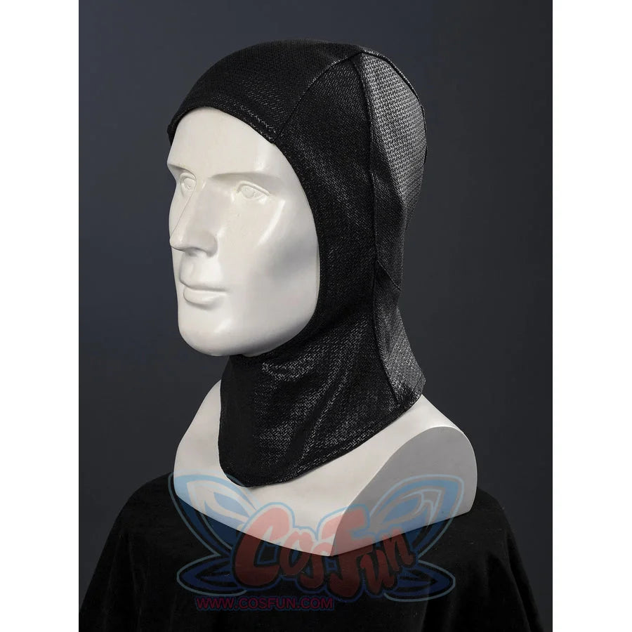 Matt Murdock black cosplay centers black textured fabric costume hood across the cosplay set.
