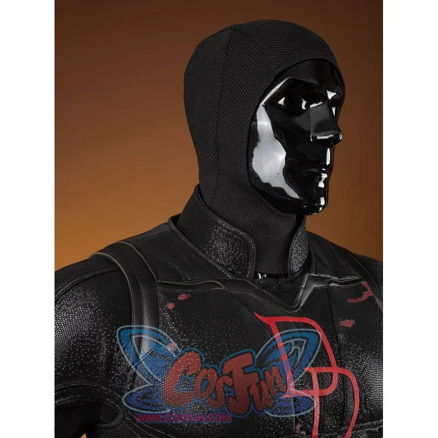 Matt Murdock cosplay costume hooded angle frames the neck above the red emblem and black shoulder armor.