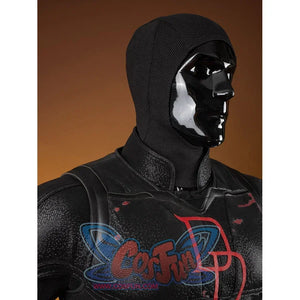 Matt Murdock cosplay costume hooded angle frames the neck above the red emblem and black shoulder armor.
