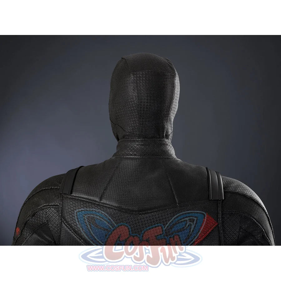 Matt Murdock black cosplay outfit captures the detailed back view of the textured hood and dark tactical suit armor.