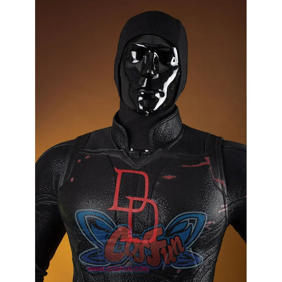 Matt Murdock cosplay costume hood detail rises above the red chest emblem and structured black shoulder panels.