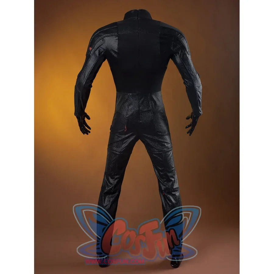 Matt Murdock cosplay costume rear view follows streamlined black panels into fitted legs and strapped guards.