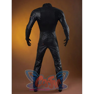 Matt Murdock cosplay costume rear view follows streamlined black panels into fitted legs and strapped guards.