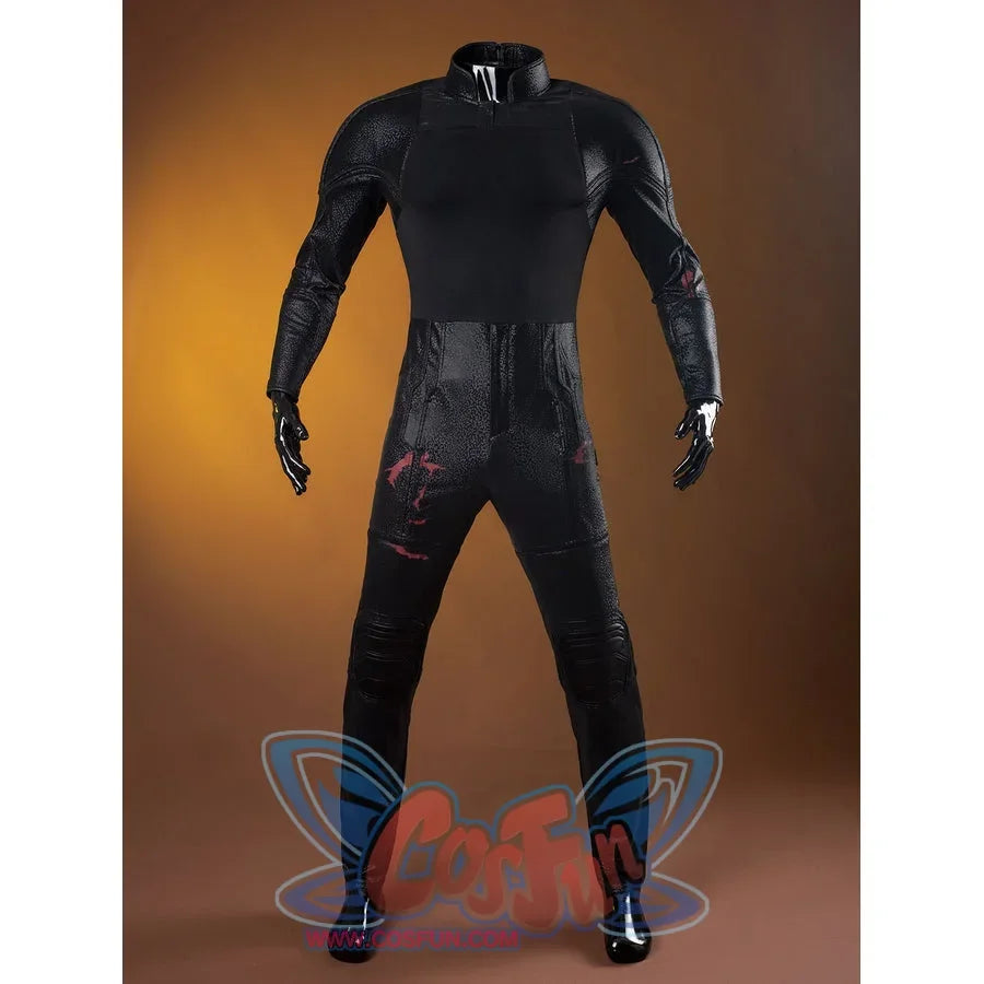 Matt Murdock cosplay costume front view aligns black arm guards and thigh straps along the fitted jumpsuit.