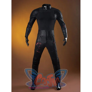 Matt Murdock cosplay costume front view aligns black arm guards and thigh straps along the fitted jumpsuit.
