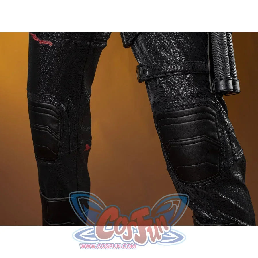 Matt Murdock cosplay costume knee guards layer ridged black panels over the fitted textured trouser legs.
