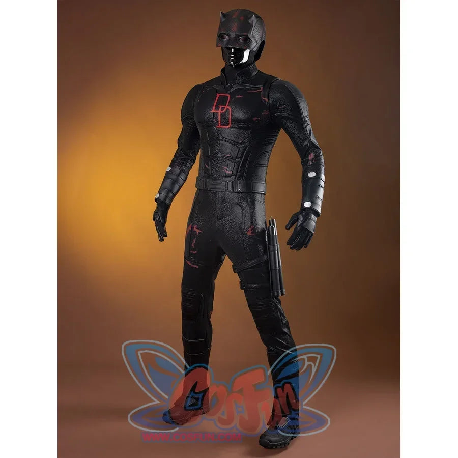 Matt Murdock cosplay costume angled view layers black body armor above strapped leg guards and gloves.