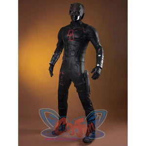 Matt Murdock cosplay costume angled view layers black body armor above strapped leg guards and gloves.