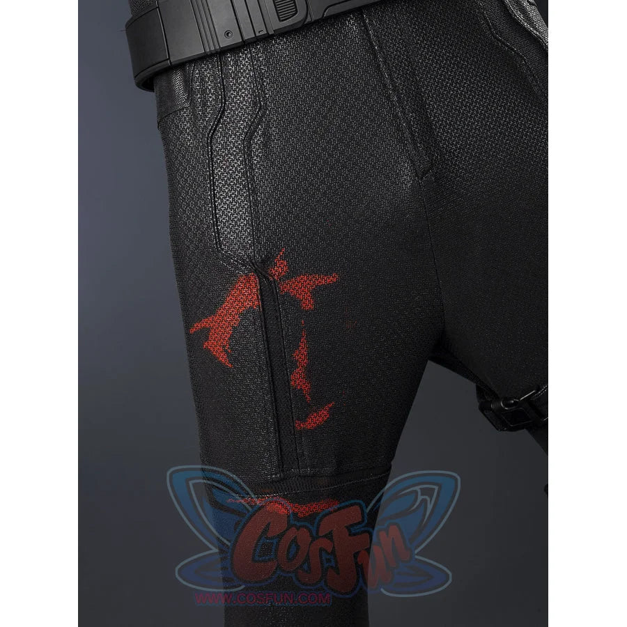 Matt Murdock black cosplay suit fabric textures trace the black bodysuit leg panels with red graphic patterns and a belt.