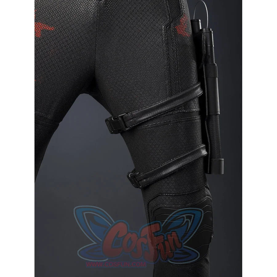 Matt Murdock black cosplay costume leg guards anchor the adjustable straps that hold a tactical side holster in place.