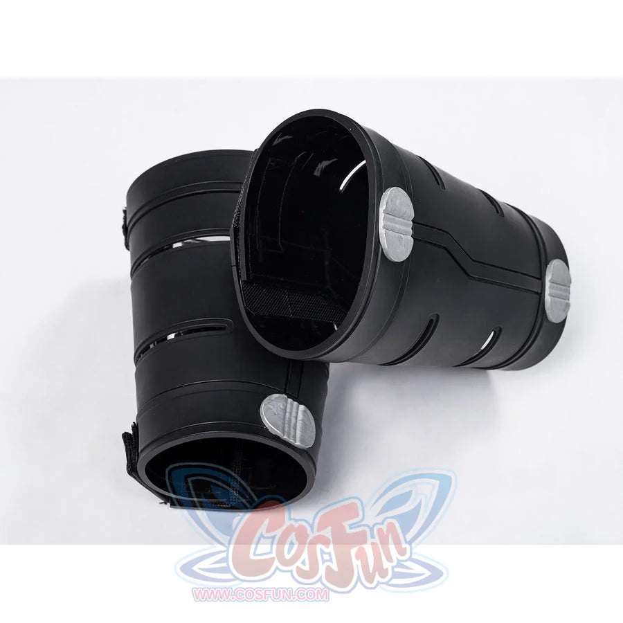 Matt Murdock black cosplay centers black protective leg guards with silver-tone circular accents and internal straps.