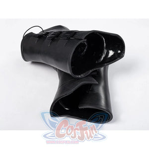 Matt Murdock black cosplay centers a black faux leather leg guards with buckle straps.
