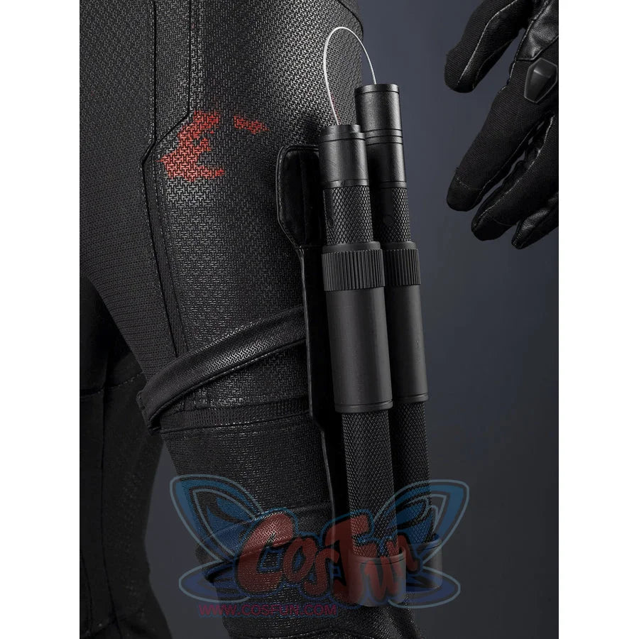 Matt Murdock black cosplay set anchors twin black nunchucks within a leg holster secured over the textured suit material.