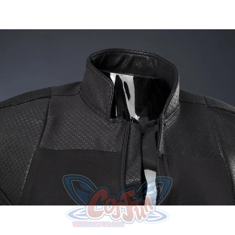 Matt Murdock black cosplay centers textured black panels and high collar detail.