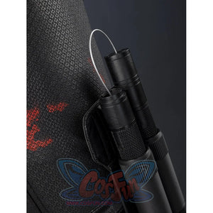 Matt Murdock black cosplay set includes matte black nunchucks secured against textured fabric with distinct red accents.