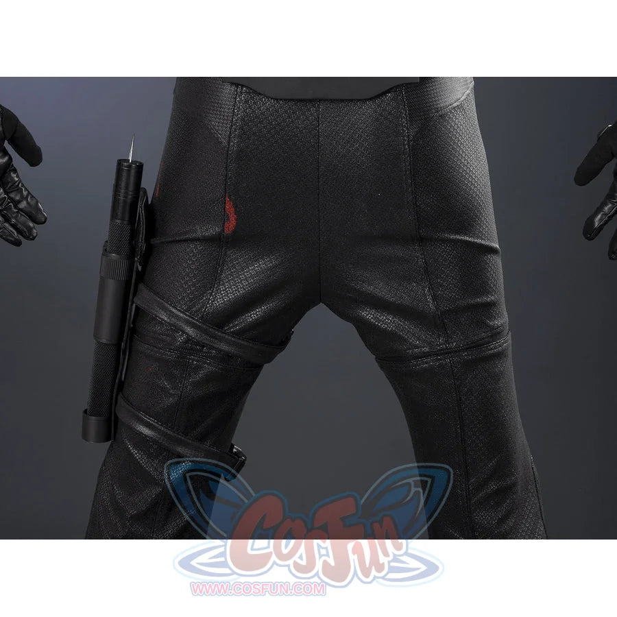 Matt Murdock black cosplay pants frames textured faux leather fabric with a tactical holster attached to the right leg.