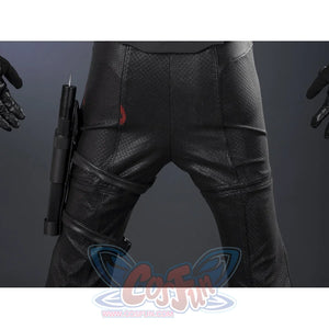 Matt Murdock black cosplay pants frames textured faux leather fabric with a tactical holster attached to the right leg.