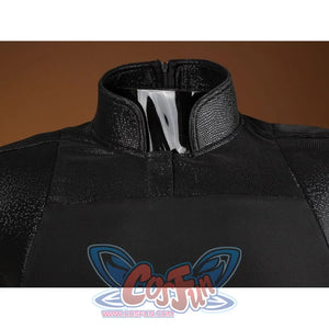 Matt Murdock cosplay costume collar detail rises in textured black material above the smooth shoulder panel.