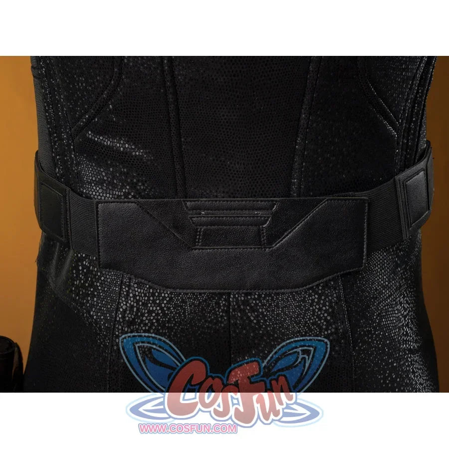 Matt Murdock cosplay costume rear waist detail anchors a segmented black belt above textured seat panels.