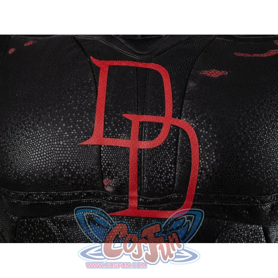 Matt Murdock cosplay costume emblem detail sets bold red lettering across the textured black chest panel.