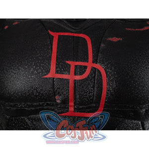 Matt Murdock cosplay costume emblem detail sets bold red lettering across the textured black chest panel.