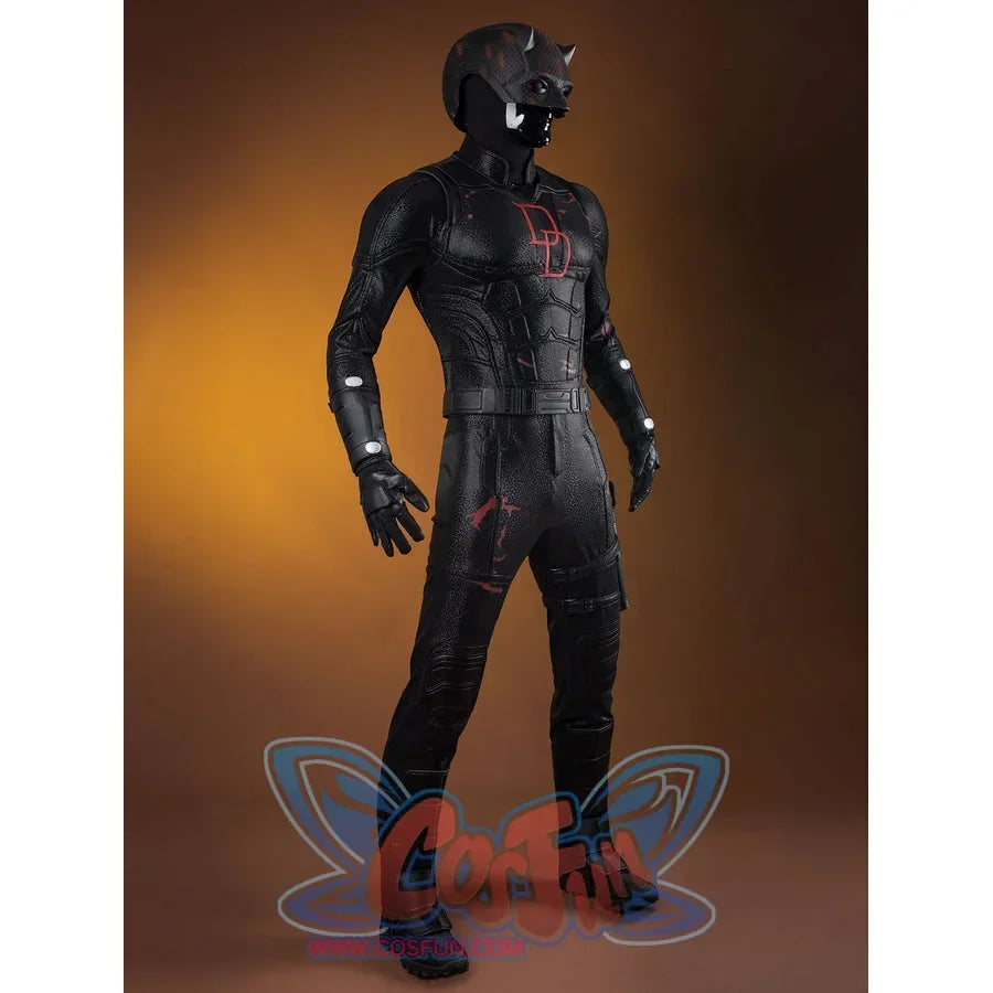 Matt Murdock cosplay costume three-quarter view balances a red chest emblem against black protective panels.
