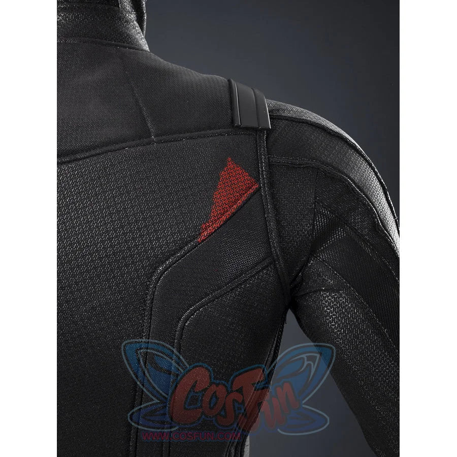 Matt Murdock black cosplay bodysuit captures intricate textured fabric patterns and a bold red shoulder accent detail.