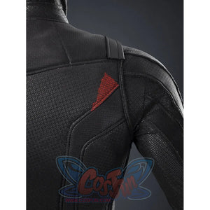 Matt Murdock black cosplay bodysuit captures intricate textured fabric patterns and a bold red shoulder accent detail.