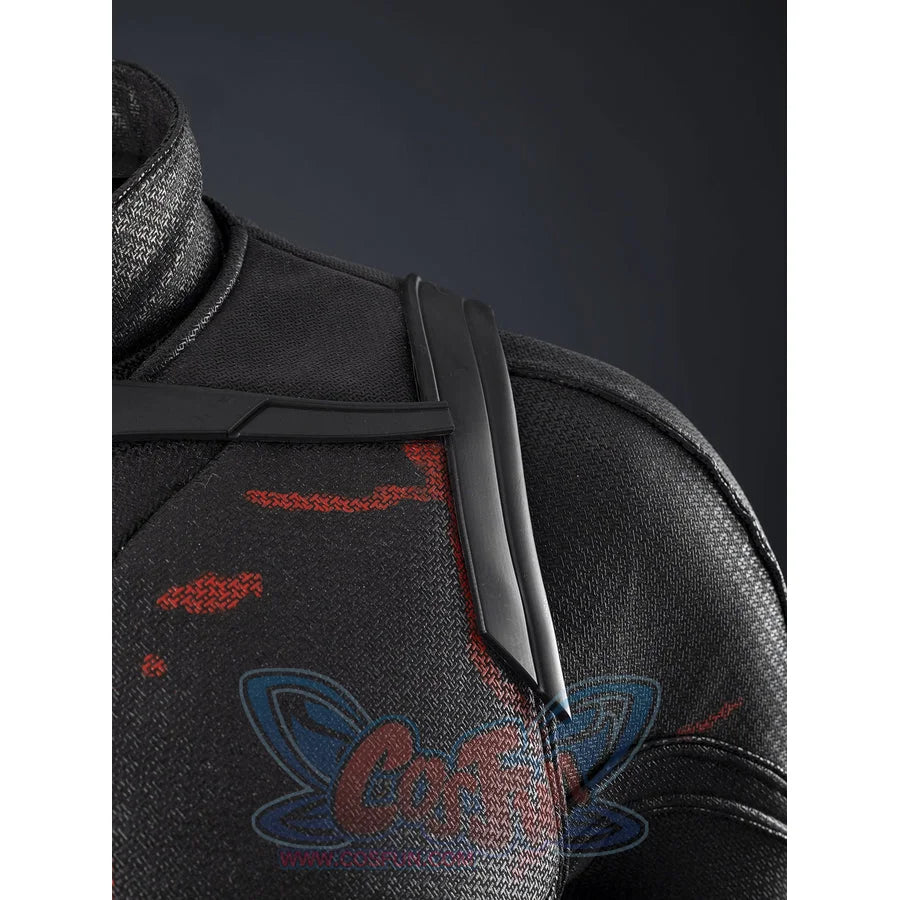 Matt Murdock black cosplay bodysuit frames a rugged shoulder armor piece with red textured patterns layered onto fabric.
