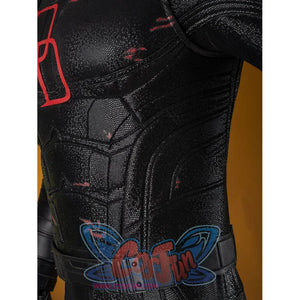 Matt Murdock cosplay costume side torso detail traces red distressed accents across sculpted black waist panels.