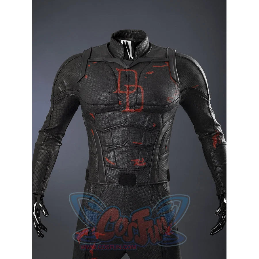 Matt Murdock black cosplay bodysuit frames a fitted torso with textured faux leather panels and weathered red accents.